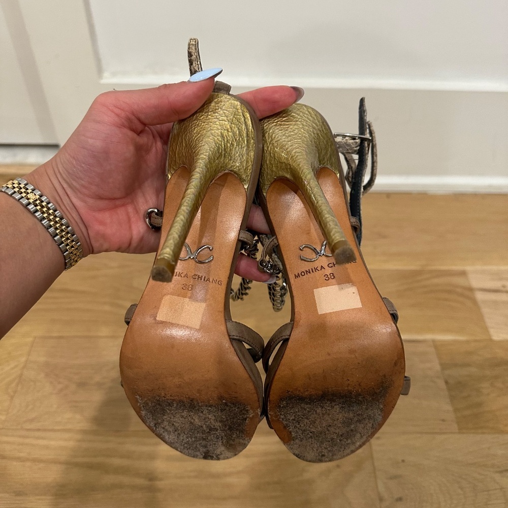 Monika Chiang Beige Domina Cuff Chain Heels Shoes Stilettos Sandals Size 38 - Picture 3 of 4